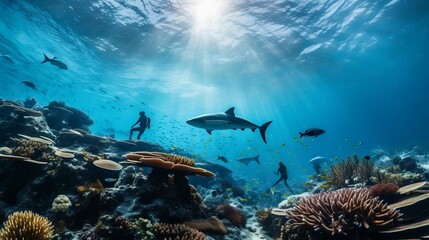 Caribbean reef sharks and divers in clear blue water
