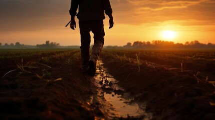 Farmer's silhouette walking across plowed field at sunset