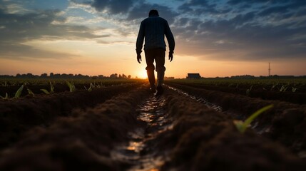 Farmer's silhouette walking across plowed field at sunset - obrazy, fototapety, plakaty