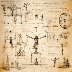 Page composition inspired by Leonardo da Vinci's Vitruvian Man, background sketches and scientific illustrations, pen and ink on parchment paper, hand drawn - obrazy, fototapety, plakaty