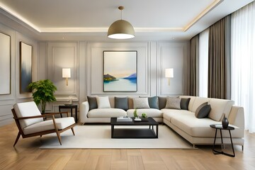 Modern villa living room design interior, beige furniture, bright walls, hardwood flooring, sofa, armchair with lamp. Concept of relax. 3d rendering. Modern living room
