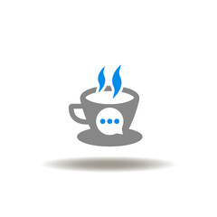 Vector illustration of mug tea or coffee with speech bubble. Icon of conversation over negotiation. Symbol coffee shop. Sign of tea time.