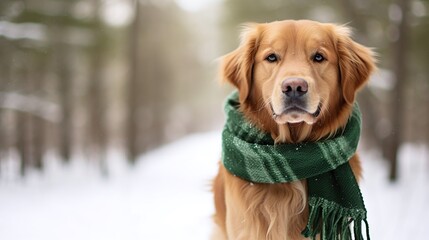Happy golden retriever with a warm green scarf sits contentedly in a snowy forest. Generative AI