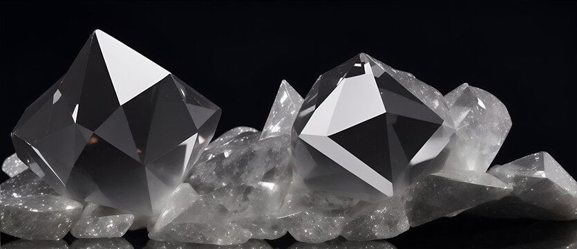 Sparkling facets of quartz in extreme detail on a plain black background from Generative AI