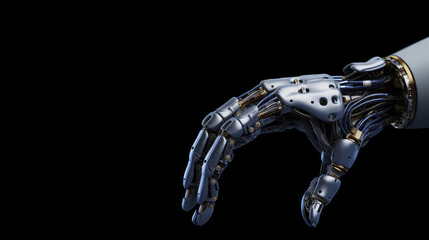 3D rendering artificial intelligence robotic hand isolated on a black background with copy space