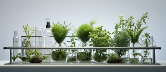 Transparent podium with lab equipment and mugwort in front view on a white background with science content