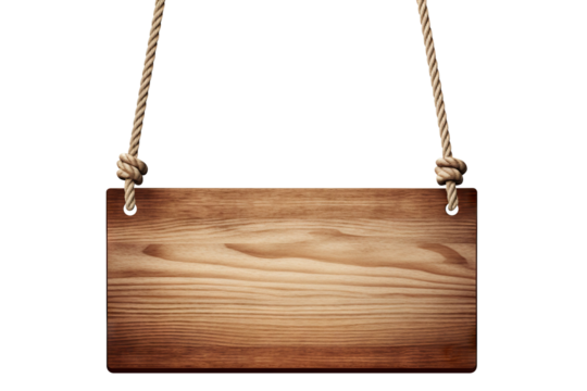 Wooden sign hanging on a rope, cut out