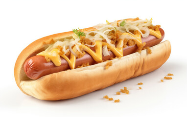Closeup of fresh hot dog with mustard on white background