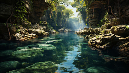 Tropical rainforest, green trees, flowing water, tranquil scene, reflection generated by AI