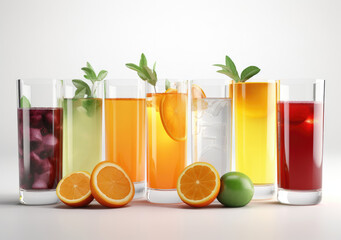 Fototapeta premium Different flavors of fresh fruit juices in glass isolated on a white background