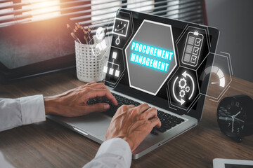 Procurement management concept, Businessman working on laptop computer with procurement management icon on virtual screen. - obrazy, fototapety, plakaty