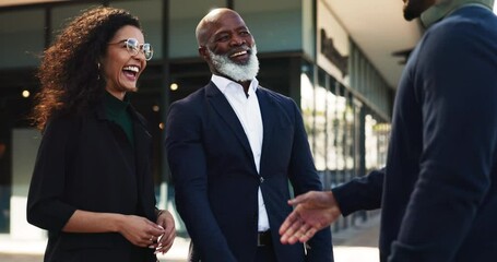 Handshake, welcome and happy business people in city by office for career, job and work opportunity. Professional, teamwork and workers shaking hands for agreement, thank you and b2b deal for success