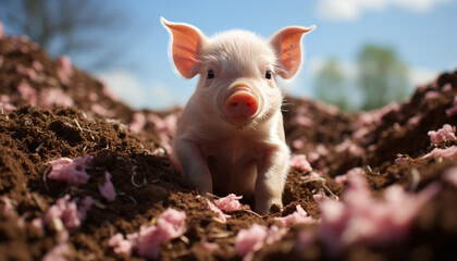 Cute piglet on a farm, surrounded by nature innocence generated by AI