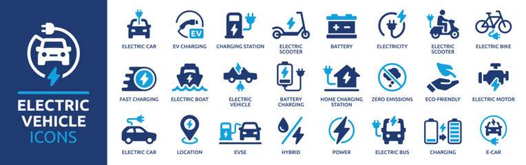 Electric vehicle icon set. Containing electric car, charging station, battery, EV charging, e-bike, hybrid, e-car, electric scooter and power. Icons collection. Vector illustration. - obrazy, fototapety, plakaty