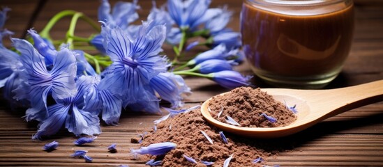 Using chicory root and flowers create a healthy beverage on a rustic wooden backdrop alternative medicine for wellness - obrazy, fototapety, plakaty