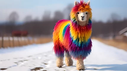 Foto op Plexiglas a cute and fluffy llama with a rainbow-colored woolly coat © Asep