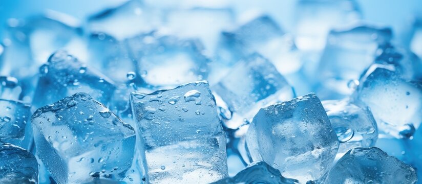 Refreshing and chilling drink with ice cubes in a close up glass Blue background Full screen