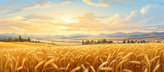 Harvest landscape with wheat barley rye and corn field panorama - obrazy, fototapety, plakaty