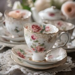 A stack of antique teacups with delicate floral patterns on a lace doily2