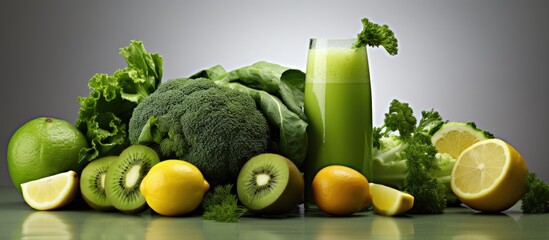 Detox and healthy vegetarian meal with green veggies and fruits