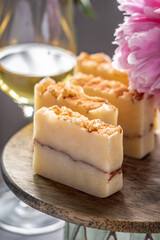 Pieces of natural soap made with white wine. Concept of organic cosmetics for skin care, a beautiful postcard, an unusual product, an interesting idea