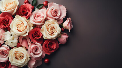 Obraz na płótnie Canvas Romantic Roses bouquet with Dark Background, Valentine Template Background, Copy Space. Generative AI