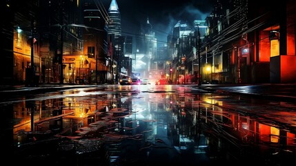 Wet asphalt, city night view, neon reflections