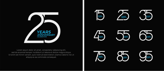 set of anniversary logo white and blue color on black background for celebration moment