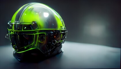 ultra realistic studio photograph of a football player helmet with black and neon green accents and a chrome facemask and a dark tinted visor photorealism octane render volumetric light hyper  - obrazy, fototapety, plakaty