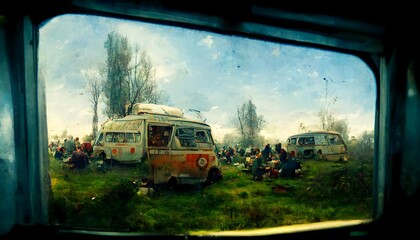 picnic people on aftermath war environment from cozy vintage campervan window dystopia rule of third wide angle lens  - obrazy, fototapety, plakaty