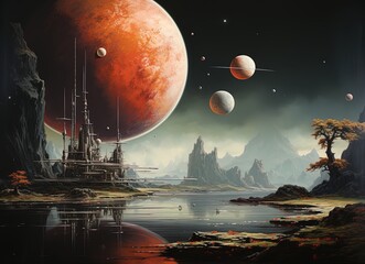 Large alien city on an exoplanet with its moons behind.