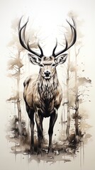Monochrome watercolor of a beautiful male deer from the front