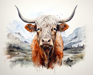 Watercolor of a large, very woolly cow in a mountainous valley.