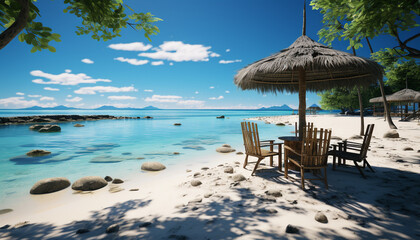 Tropical paradise turquoise waves, sandy beaches, palm trees, ultimate relaxation generated by AI