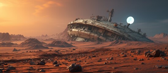 Alien planet with crashed spaceship illustrated in  - obrazy, fototapety, plakaty