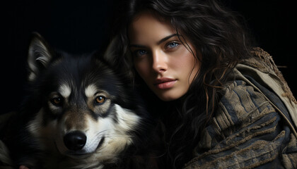 Young woman with long brown hair and cute dog smiling generated by AI