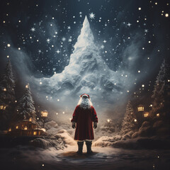 Santa Claus standing in front of a snowy mountain. Christmas background. 