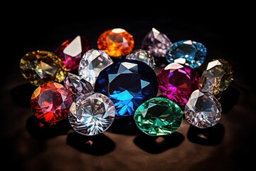Jewel on black shine color, Collection of many different natural gemstones amethyst, lapis lazuli, rose quartz, citrine, ruby, amazonite, moonstone, labradorite, chalcedony, blue topaz