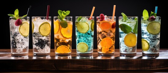 Classic gin tonic cocktail with assorted garnish in individual glasses including citrus fruits cucumber and berries