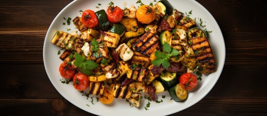 Top down perspective of a nutritious dish featuring grilled vegetables and tofu on a wooden table