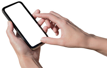 Hand holding mobile phone screen mockup, blank smartphone mockup. on transparent, png. blank screen frame template