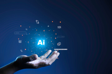 Ai tech, Search Engine Optimization-SEO concept. businessman show virtual graphic Global Internet networks With AI. Ai data analysis and Management System for web 3.0 on Futuristic virtual screen.