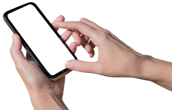 Hand holding mobile phone screen mockup, blank smartphone mockup. on transparent, png. blank screen frame template