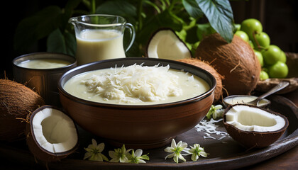 Fresh coconut milk in a rustic bowl, nature healthy drink generated by AI