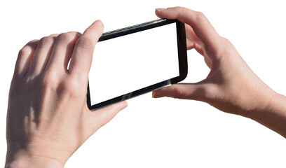 Hand holding smartphone on transparent, png. Mobile phone with blank screen. smartphone concept. app concept.