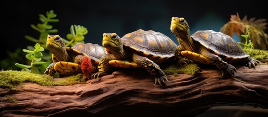Turtles sunning on a log at Heron Haven Park Nature Center in Omaha - obrazy, fototapety, plakaty