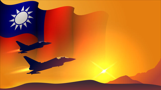 fighter jet plane with taiwan waving flag background design with sunset view suitable for national taiwan air forces day event