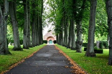 walkway in park to church