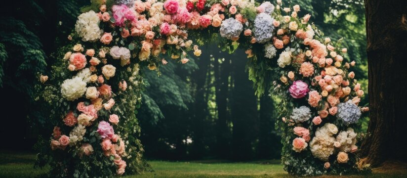 Stunning and chic wedding arch adorned with fresh flowers set in a garden on the wedding day