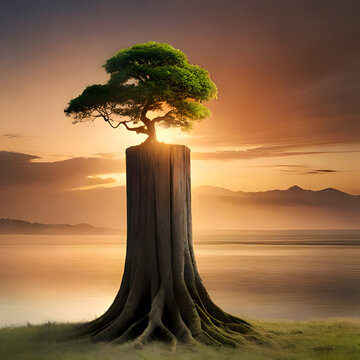 Bonsai tree growing out of a regular tree trunk. (Death Begets Life)